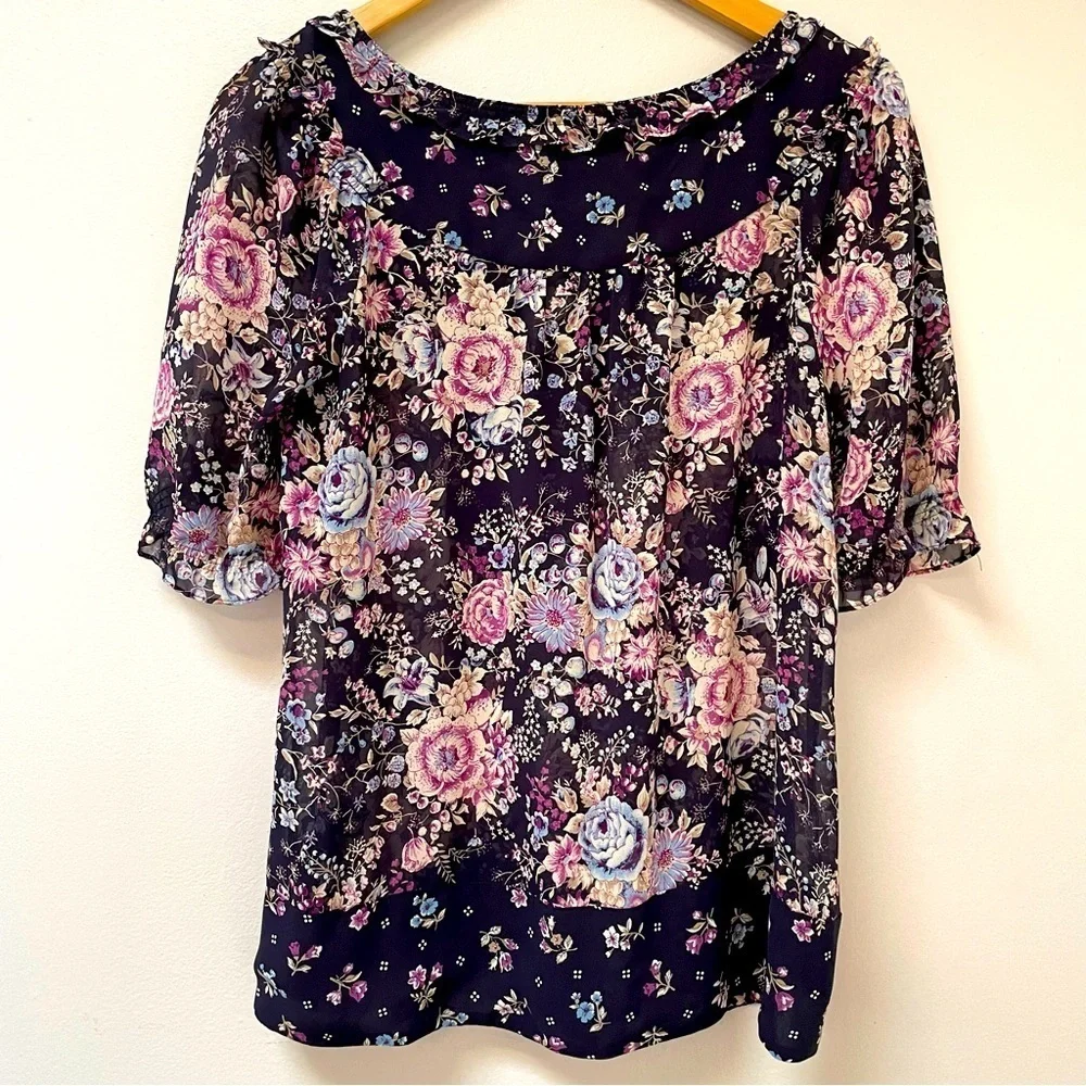 Loft Floral Mixed Print Sheer Ruffles Blouse Top M - Picture 4 of 6